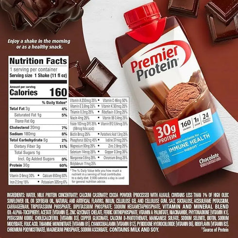 Premier 30g Protein PLUS Energy and Immune Support Shakes, Chocolate, 11 fl oz, 18-pack